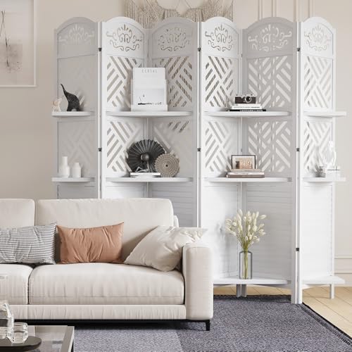 6 Panels Natural Wood Room Divider with Shelves M490821