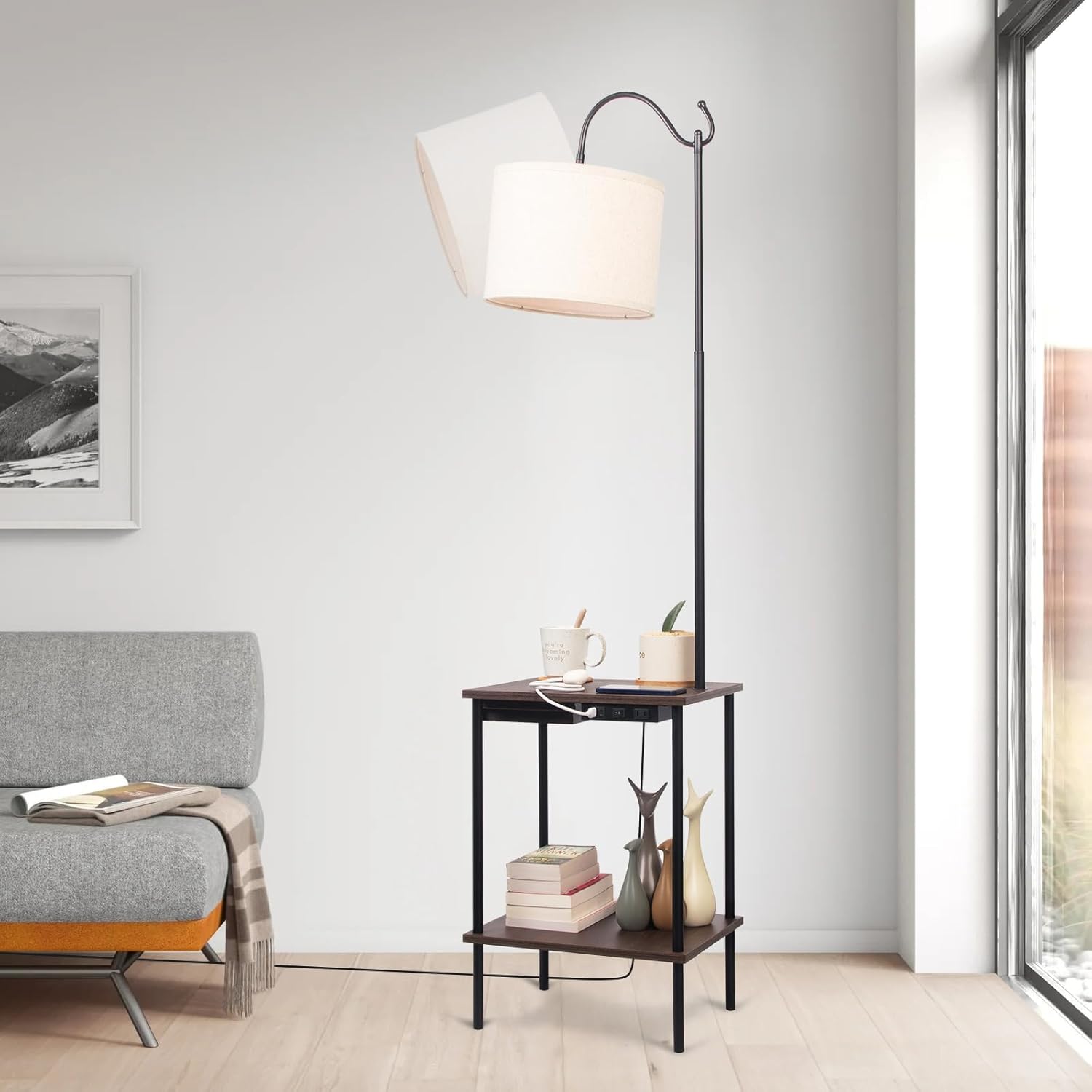 Industrial Rustic Floor Lamp with Wireless USB Charging Port & Power Outlet G7250