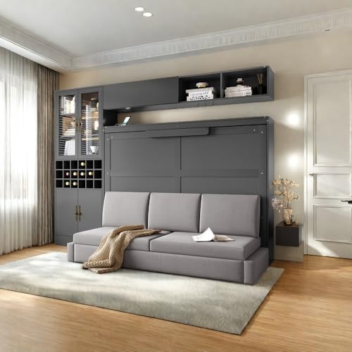 White Wooden Full Size Murphy Bed Frame with Sofa and Storage Shelves G392