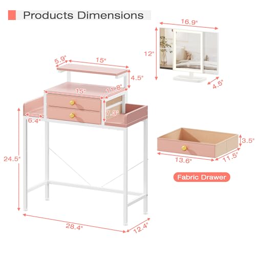 White 28.4''W Small Makeup Vanity Desk with Mirror and Lights, 2 Fabric Drawers O831496