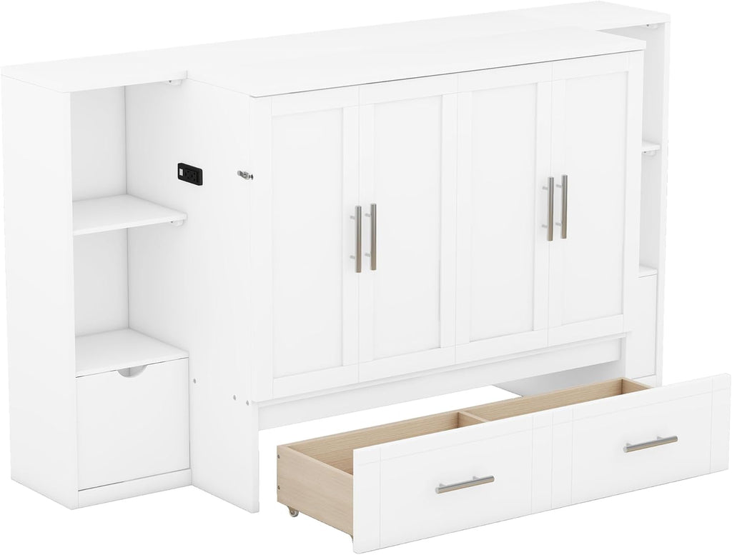 White Queen Size Murphy Bed with Shelves and Drawers P415