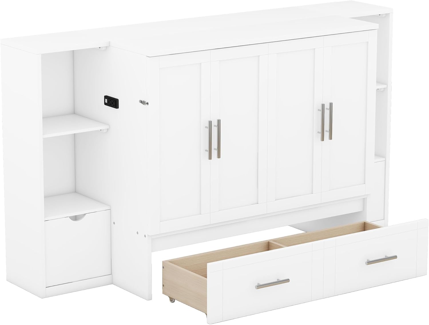 White Queen Size Murphy Bed with Shelves and Drawers P415
