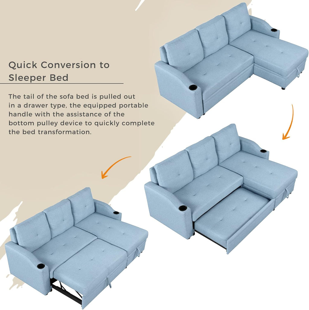 Blue Linen Fabric L-Shape Convertible Sleeper Sofa with Pull-Out Bed O890