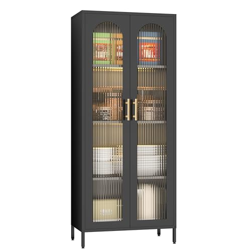 Black 65" Metal Storage Cabinet with Glass Doors and 3 Adjustable Shelves X843