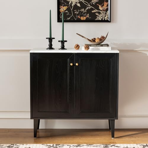 Black Storage Cabinet with Faux Marble Top and Adjustable Shelves D841