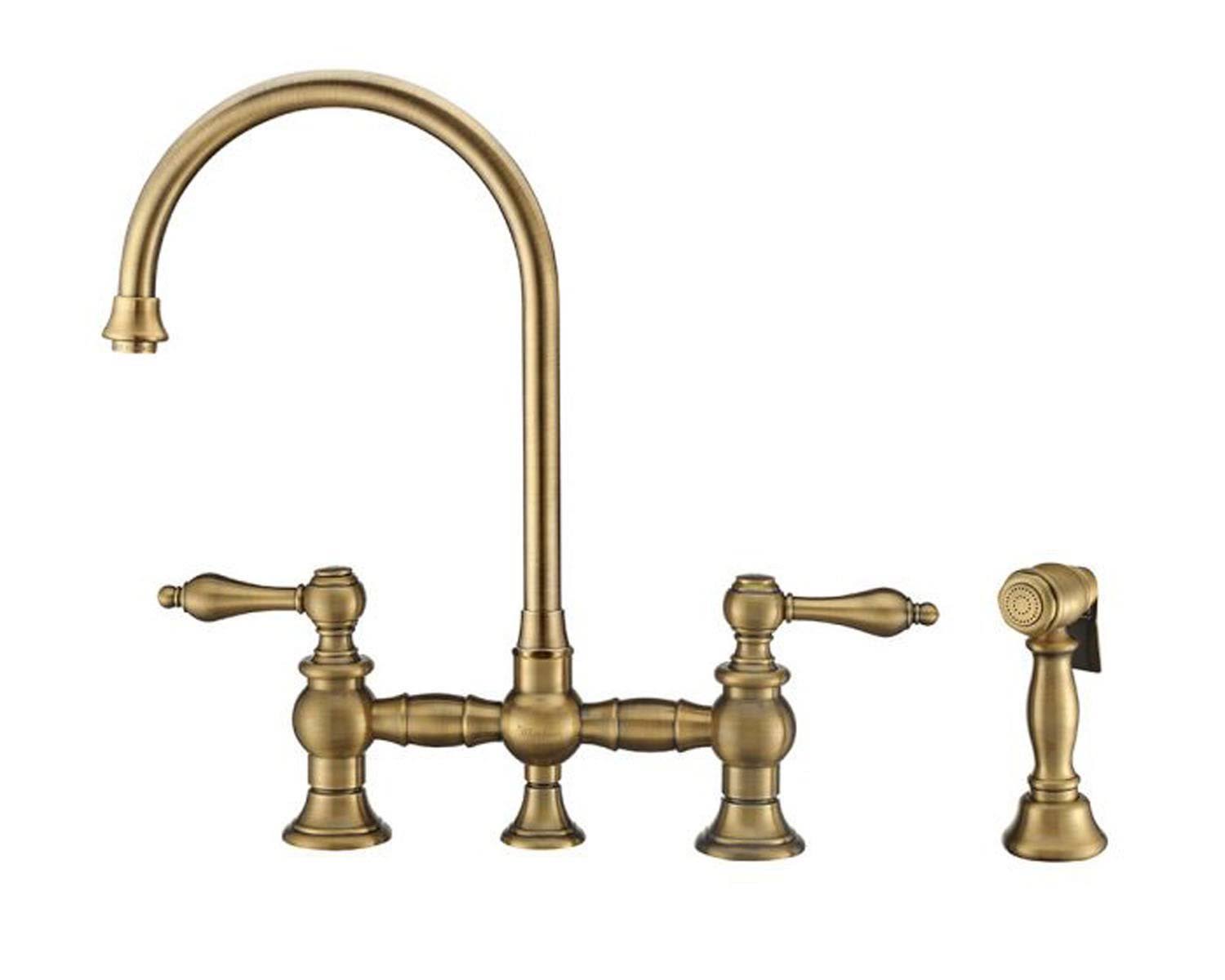 Bridge Faucet with Long Gooseneck Swivel Spout, Lever Handles and Solid Brass Side Spray V56047