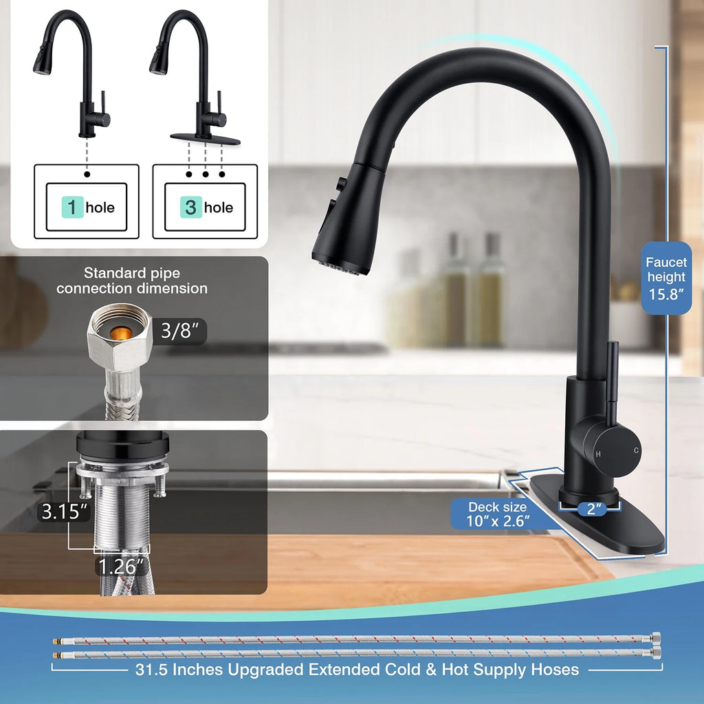 18/10 Stainless Steel Matte Black Kitchen Sink Faucet with Pull Down Sprayer I5373