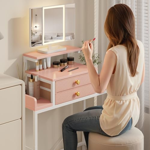 White 28.4''W Small Makeup Vanity Desk with Mirror and Lights, 2 Fabric Drawers O831496