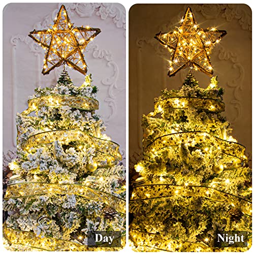 Rattan Natural Star Christmas Tree Topper with 50 Warm LED Lights J52485