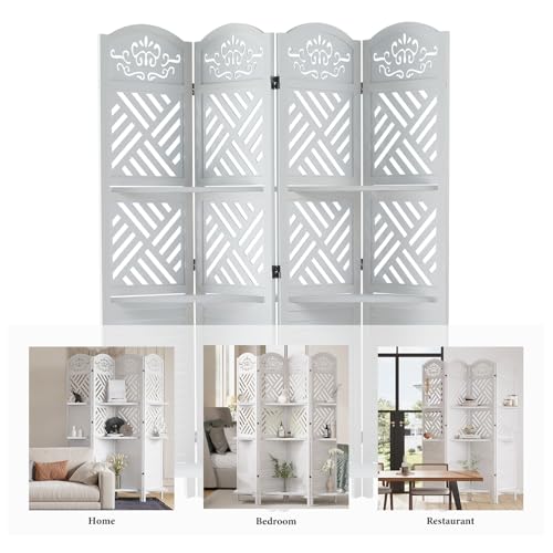 6 Panels Natural Wood Room Divider with Shelves M490821