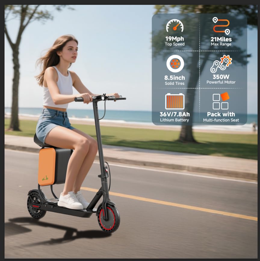 Electric Scooter with Seat, 19MPH, 21-Mile Range, 350W Motor, 8.5" Solid Tires, Dual Brake System, Folding E-Scooter J369