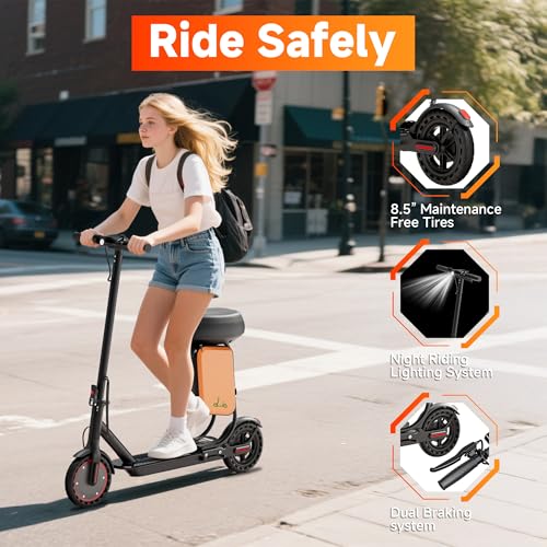 Electric Scooter with Seat, 19MPH, 21-Mile Range, 350W Motor, 8.5" Solid Tires, Dual Brake System, Folding E-Scooter J369