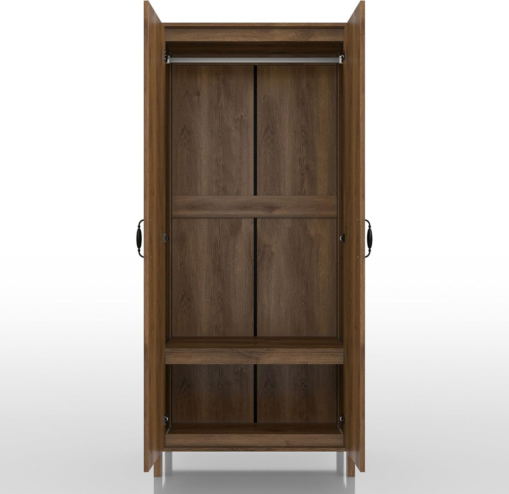 Walnut Brown 2-Doors Wood Armoire Wardrobe Closet with Fixed Shelves and Hanging Rack M110984