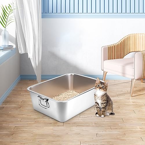Stainless Steel Litter Box with Handle, 17.5" L x 13.5" W x 6" H, Non Stick Smooth Surface G256786
