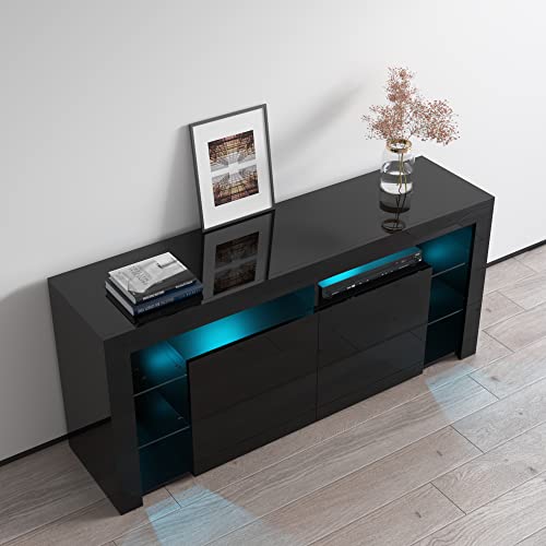 Modern High Gloss 61" TV Stand with Storage Cabinets and LED Lights O176008