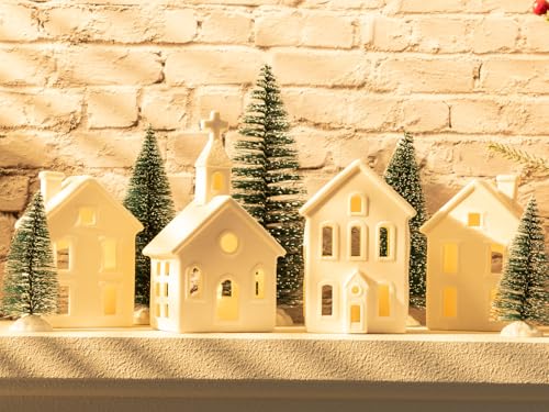9 Pcs Christmas Village Figurines Sets - 4 Lighted Ceramic Houses with Remote Control & 5 Trees - White Christmas Decorations L2657