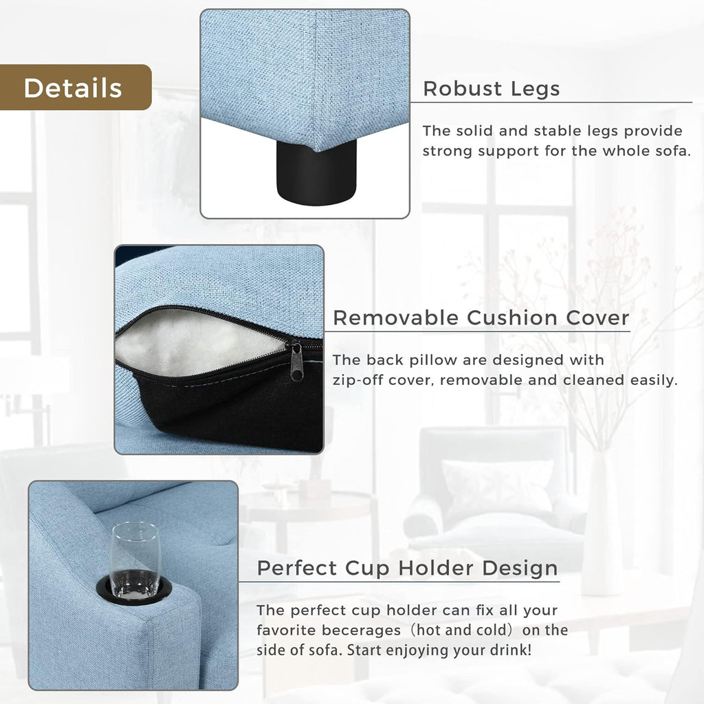 Blue Linen Fabric L-Shape Convertible Sleeper Sofa with Pull-Out Bed O890