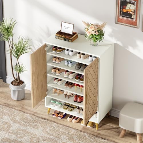 Brown 6-Tier 24 Pairs Wooden Shoe Cabinet with Doors O4630