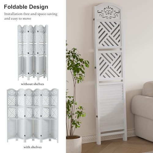 6 Panels Natural Wood Room Divider with Shelves M490821