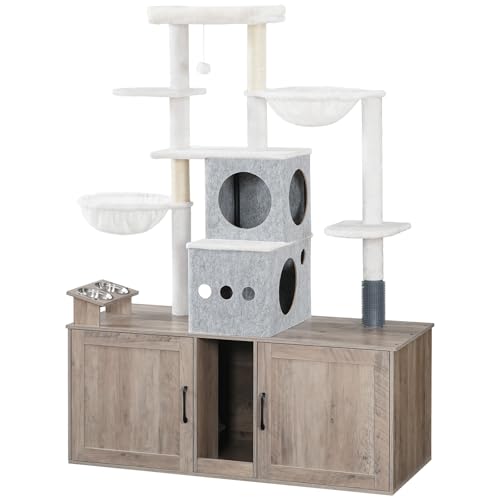Greige 63.4" Tall Cat Tree with Dual Litter Box Enclosure F84148