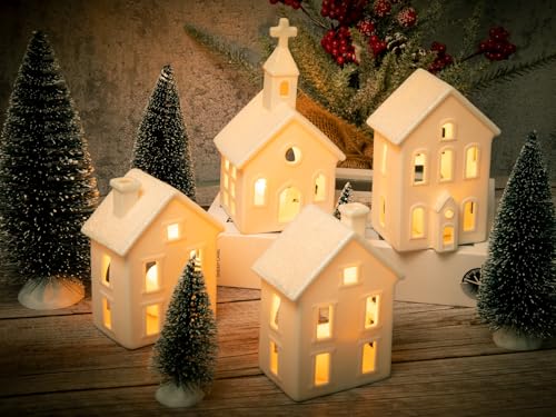 9 Pcs Christmas Village Figurines Sets - 4 Lighted Ceramic Houses with Remote Control & 5 Trees - White Christmas Decorations L2657