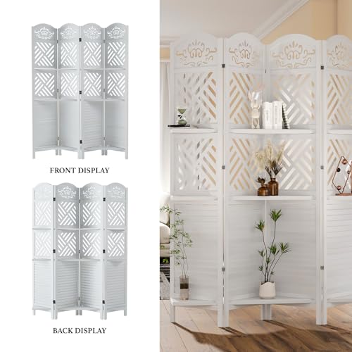 6 Panels Natural Wood Room Divider with Shelves M490821