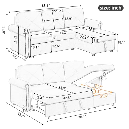 Gray Velvet L Shaped Sleeper Sectional Sofa with Storage Chaise Lounge N386891