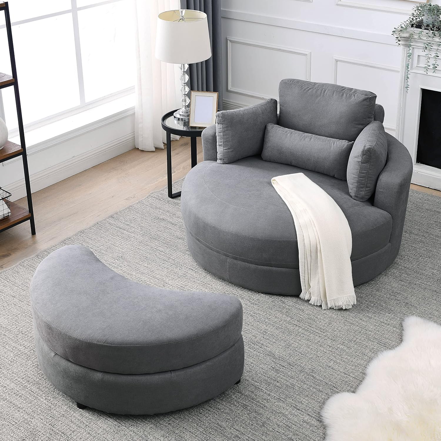 Dark Grey Linen Swivel Accent Chair with Storage Ottoman T98712