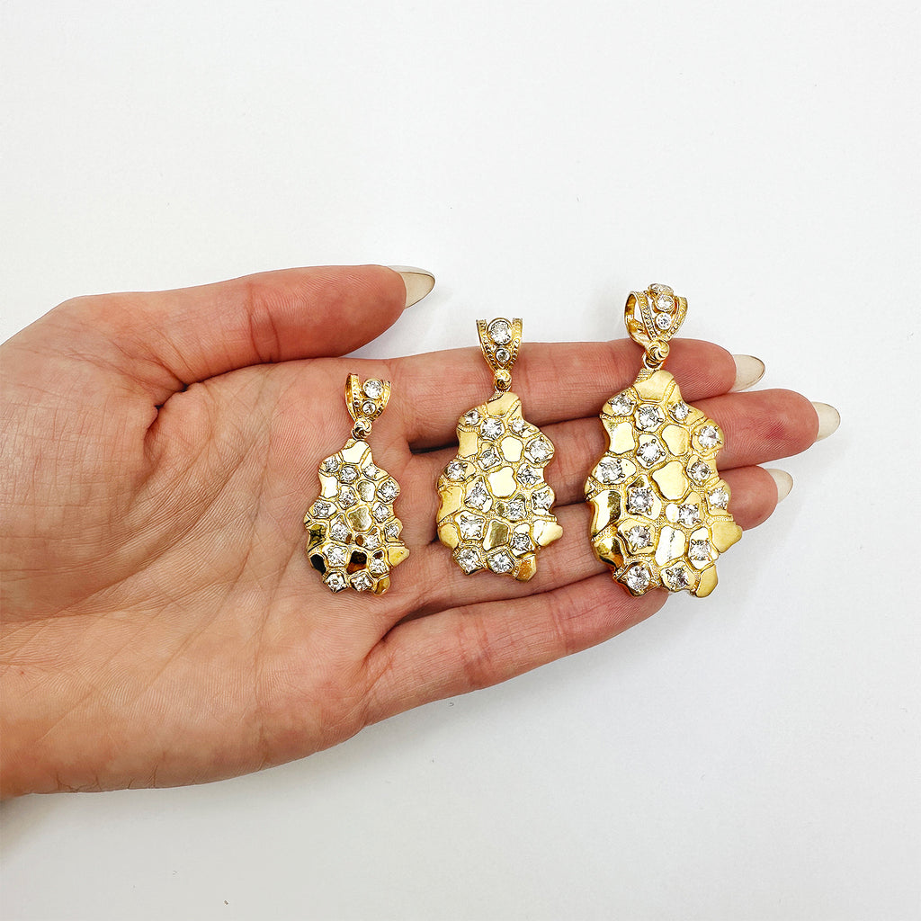 10K Yellow Gold Simulated Diamond Nugget Pendant 1.5"-2.3" N156