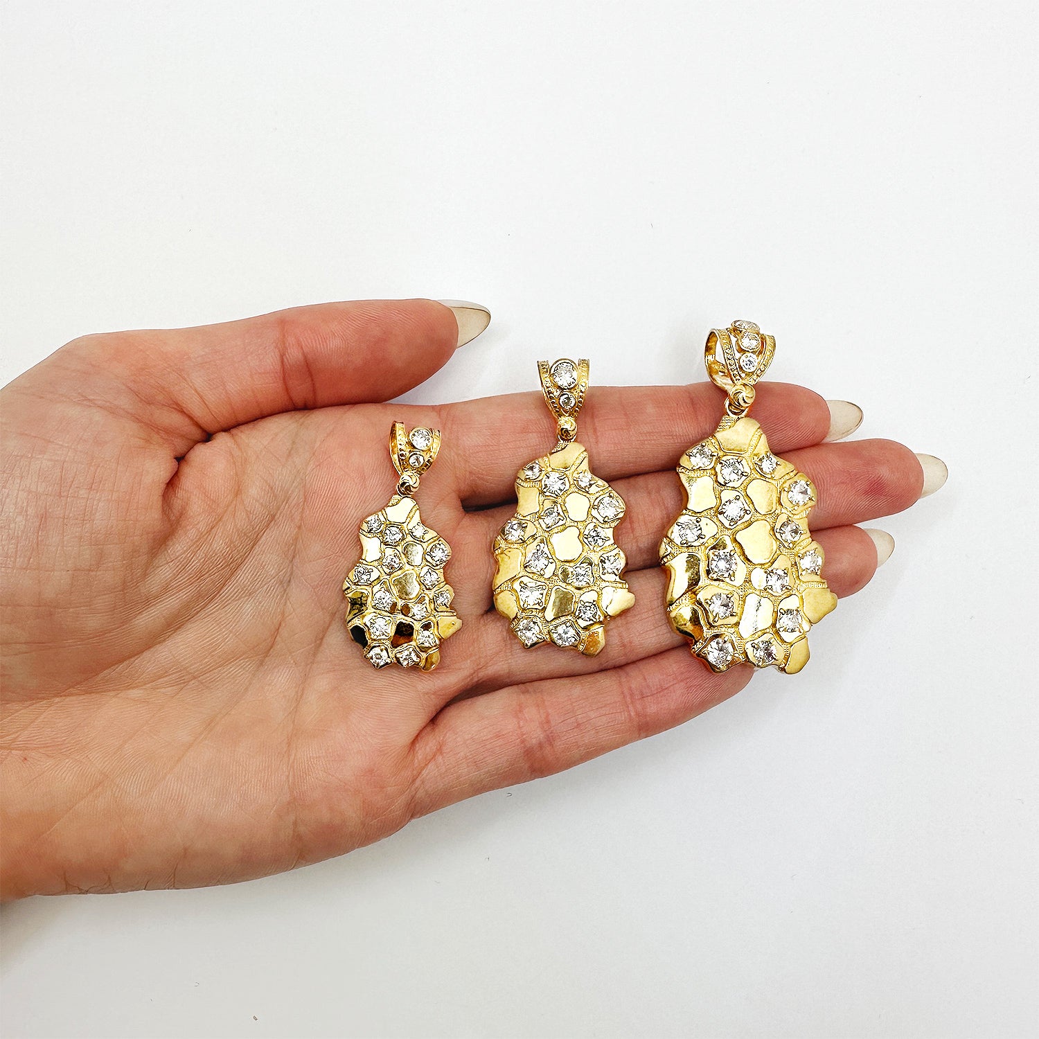 10K Yellow Gold Simulated Diamond Nugget Pendant 1.5"-2.3" N156