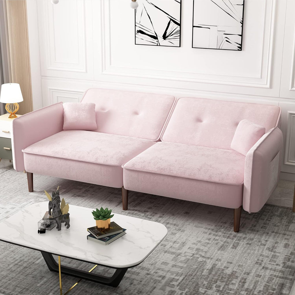 Pink Velvet Convertible Sofa Bed with Magazine Bag N1020