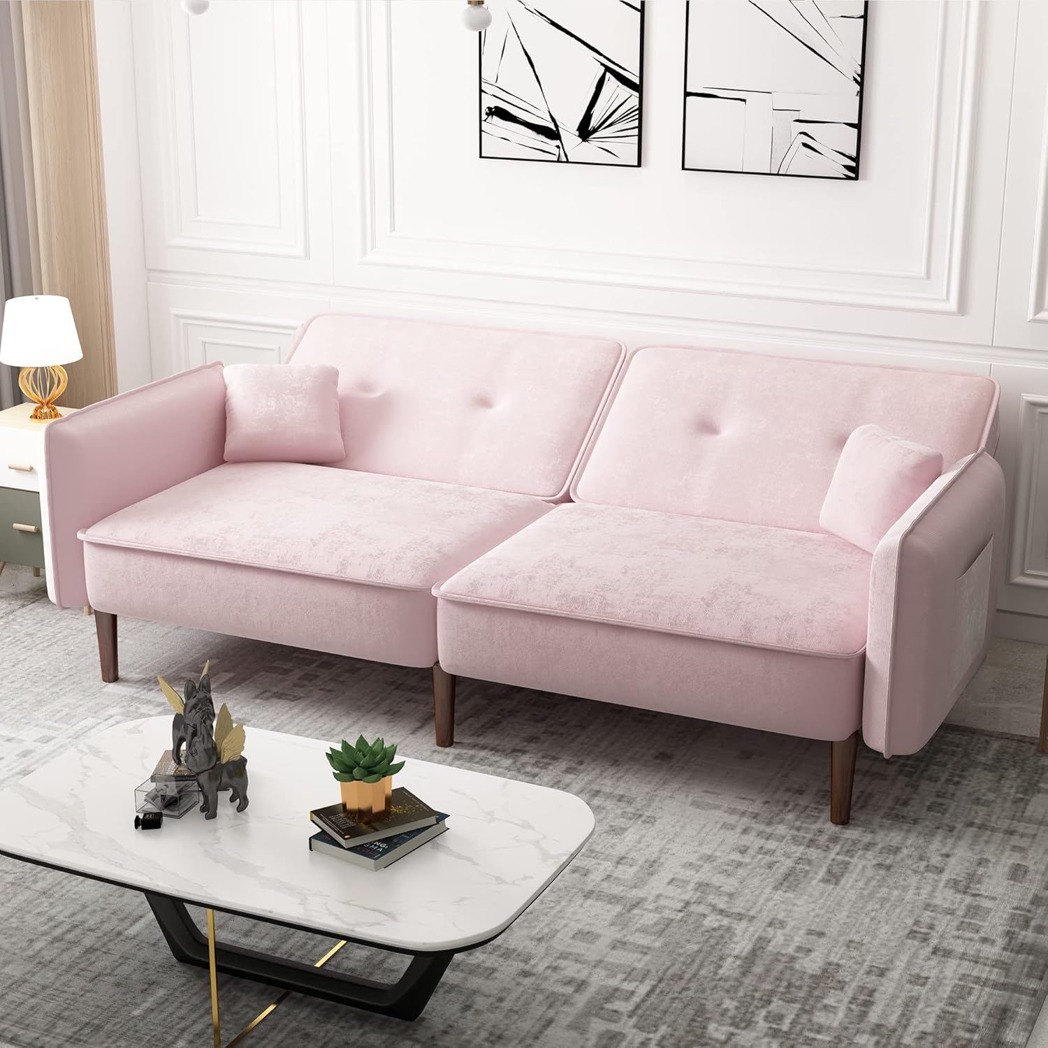 Pink Velvet Convertible Sofa Bed with Magazine Bag N1020