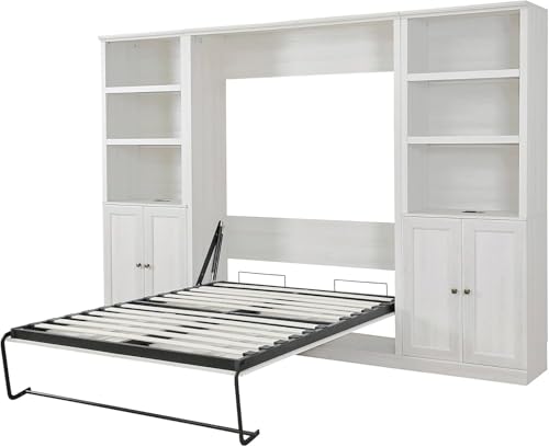Queen Size White Wood Murphy Bed with Storage Bookcase Shelves T158053
