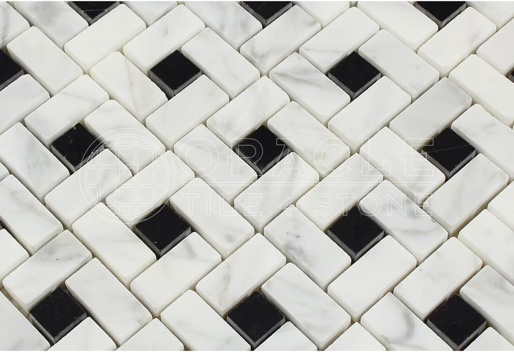 Marble Pinwheel Mosaic Tile with Black, Honed J9456