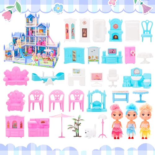 Blue 4-Story 11 Rooms Doll House with Furniture O90349