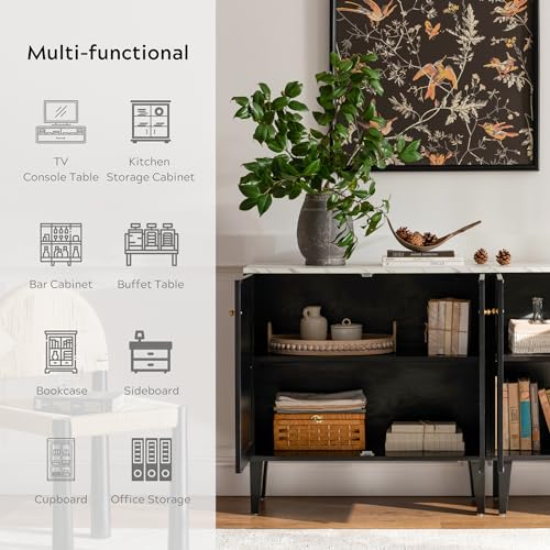 Black Storage Cabinet with Faux Marble Top and Adjustable Shelves D841