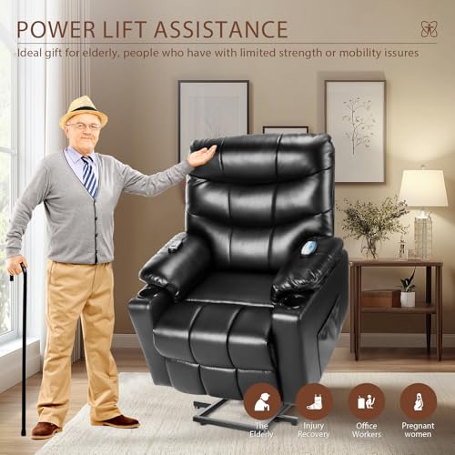 PU Leather Electric Power Lift Chair Recliners with Heat and Massage, Adjustable Back Leg, USB Ports, Cupholders Y5143