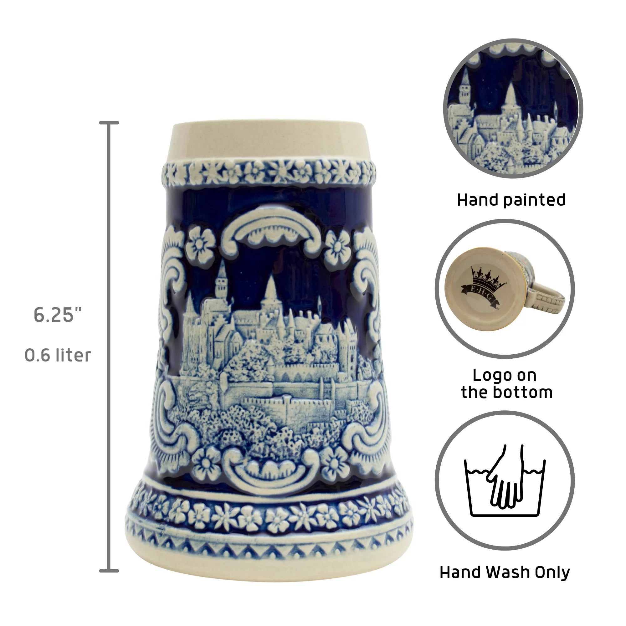 German Castle Engraved Ceramic Beer Stein 0.6 Liter I188695