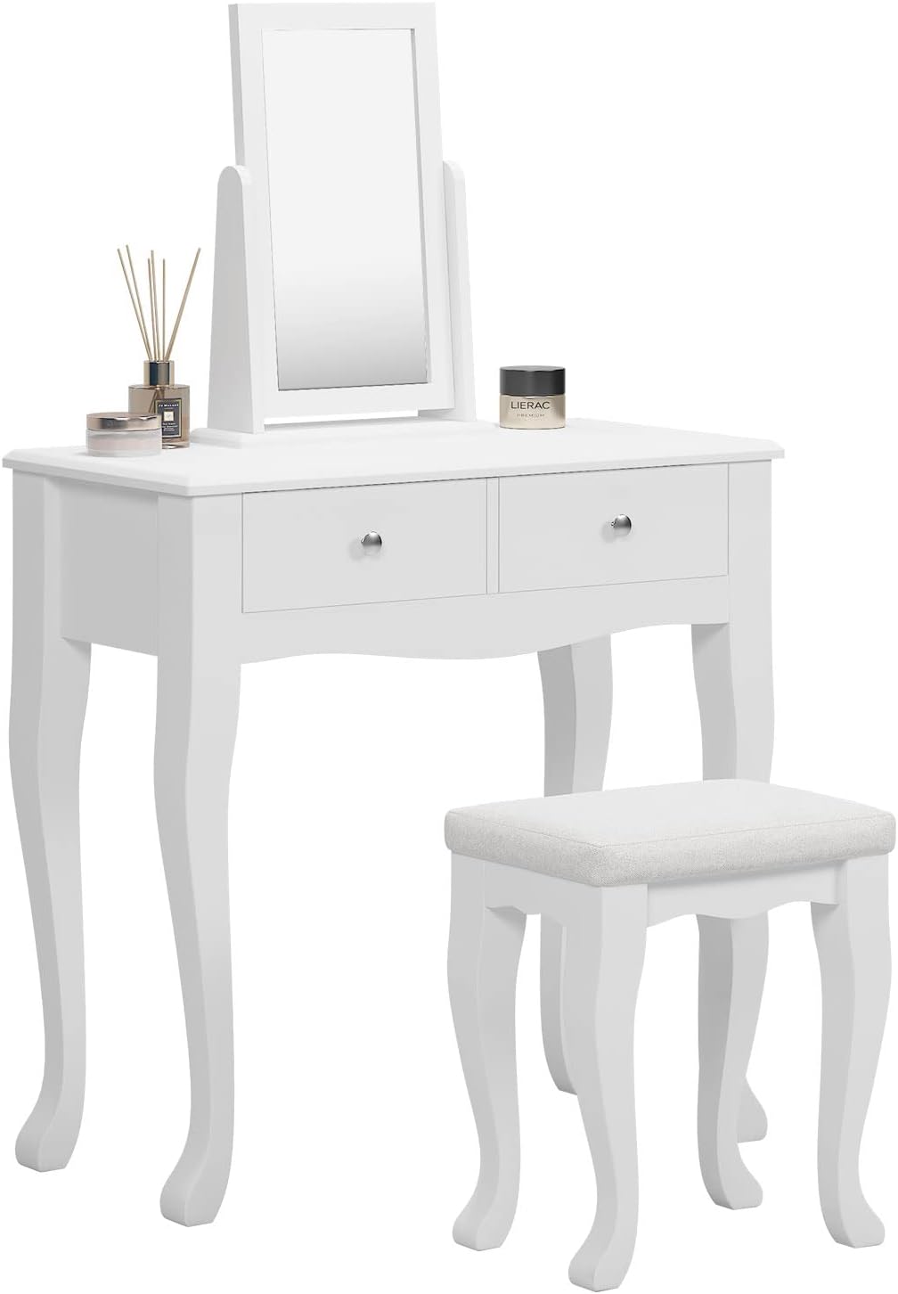 White Wooden Vanity Dressing Table with Mirror and Stool, 2 Drawers E106
