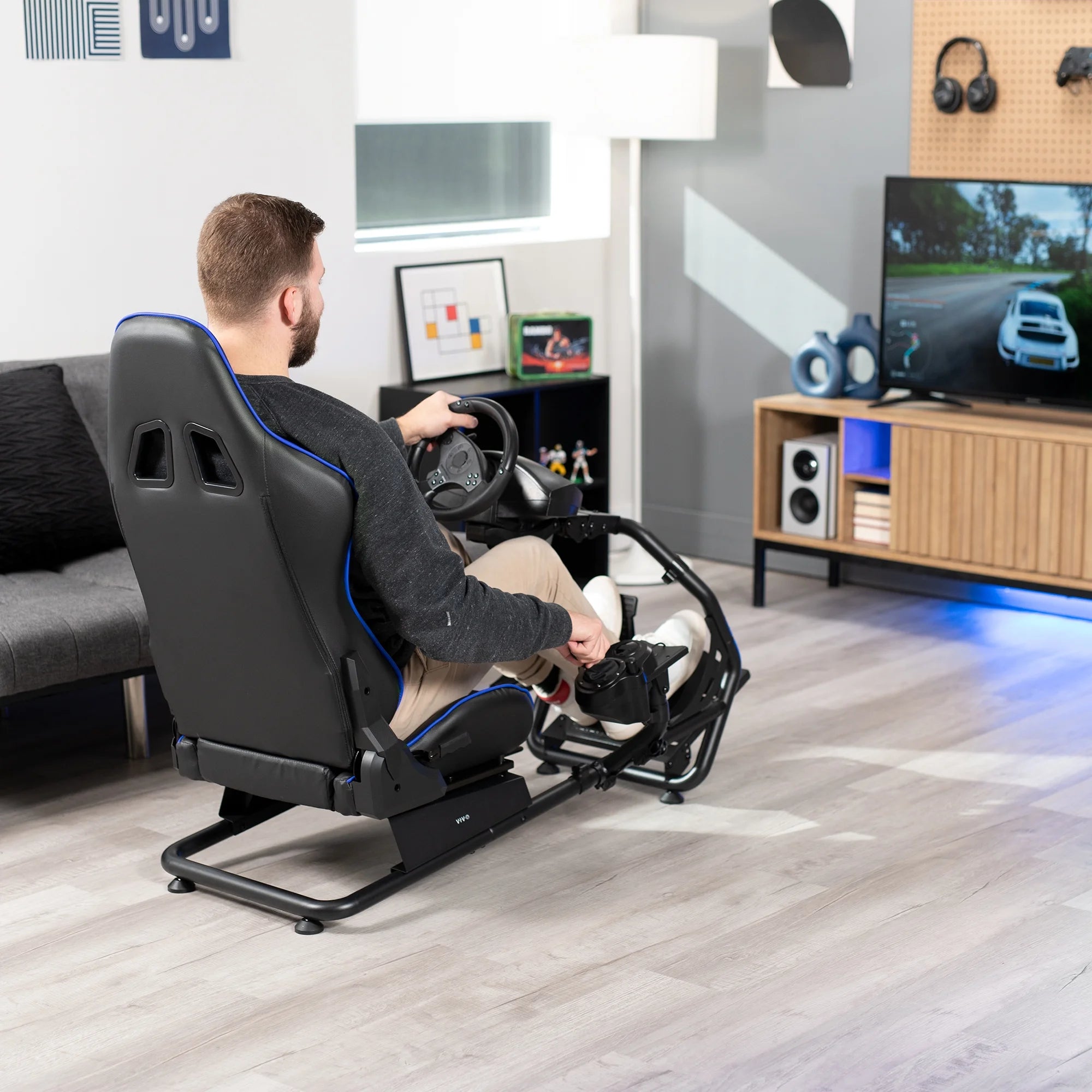 Black Blue Racing Simulator Cockpit with Wheel Stand and Reclining Seat Y392