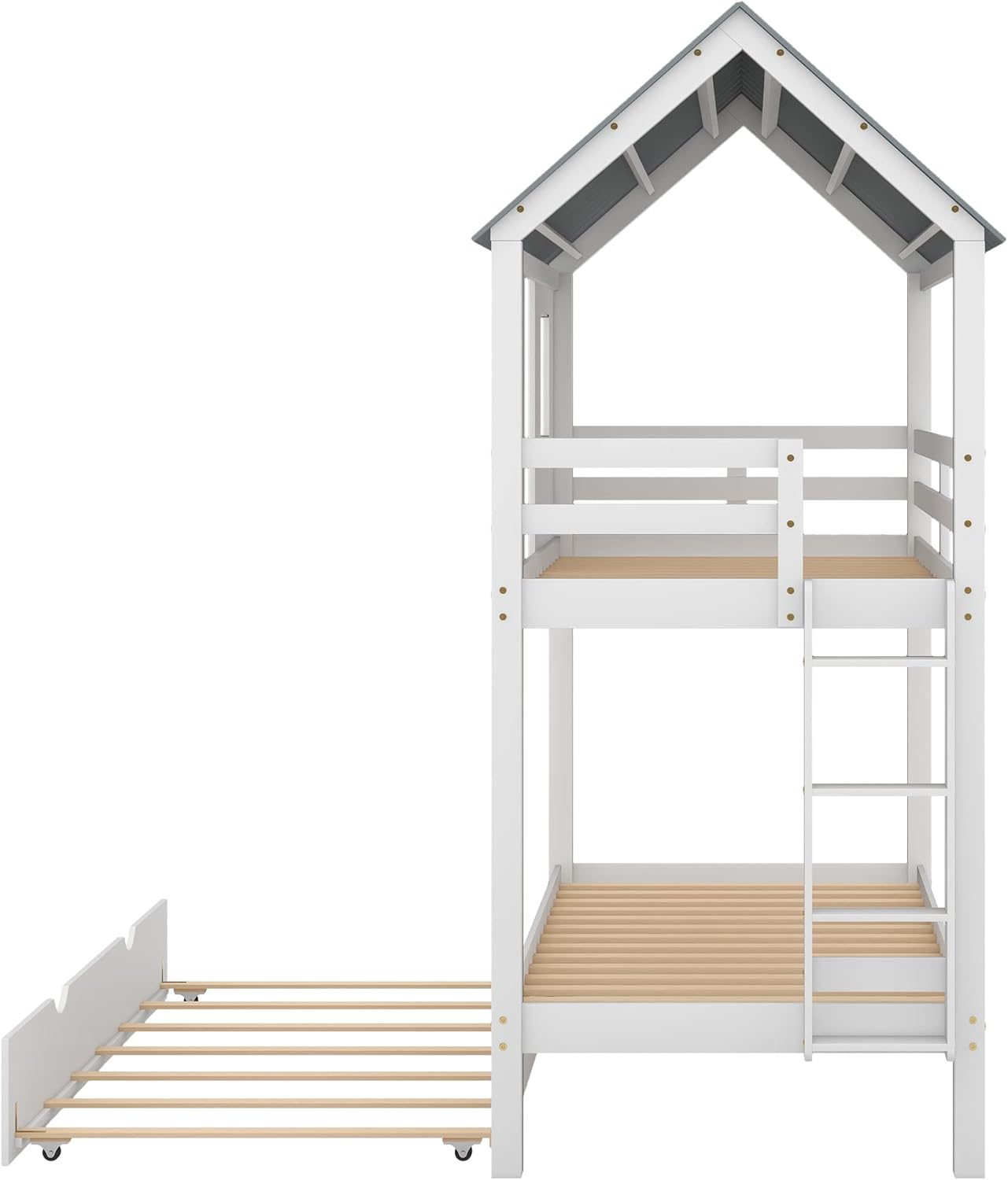White Wood Twin Over Twin Bunk Bed with Trundle N78992