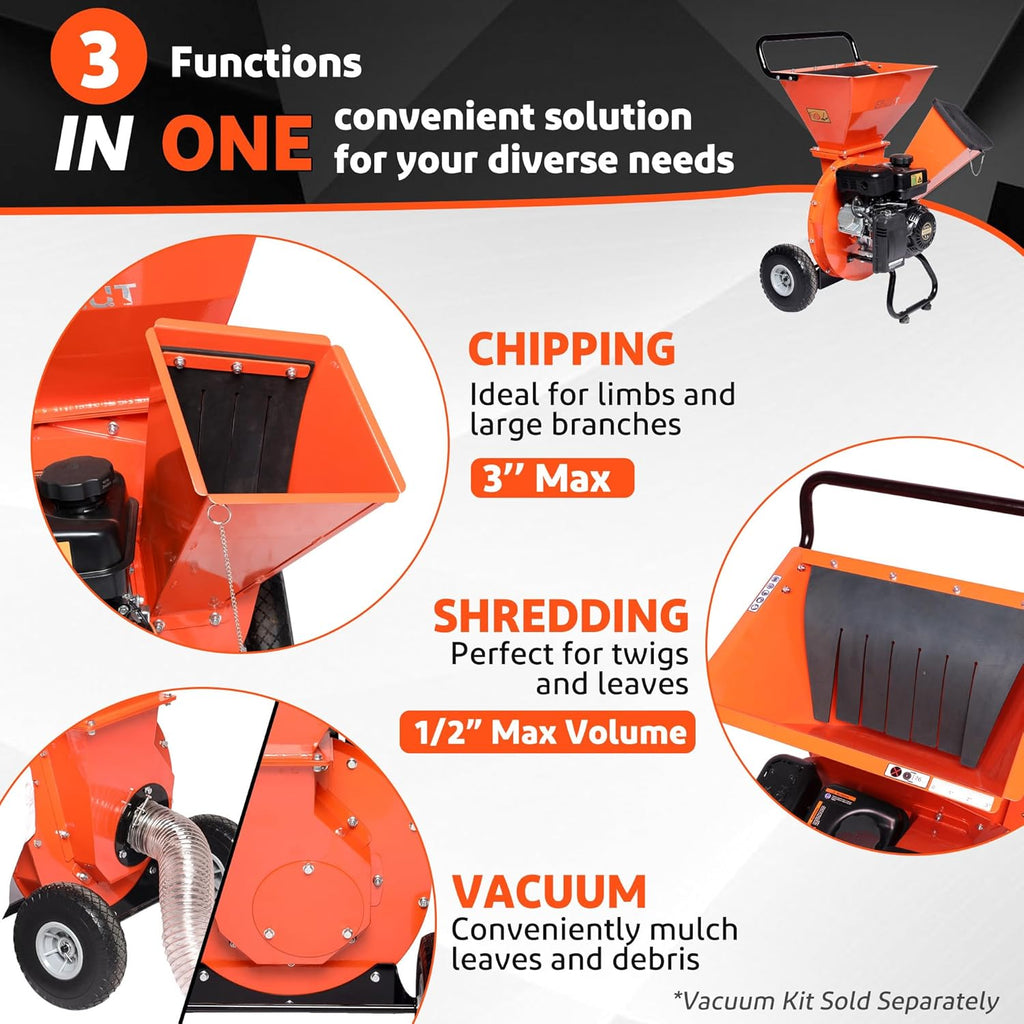 3-in-1 Wood Chipper Shredder Mulcher with Blade Replacements (2 Sets) N458