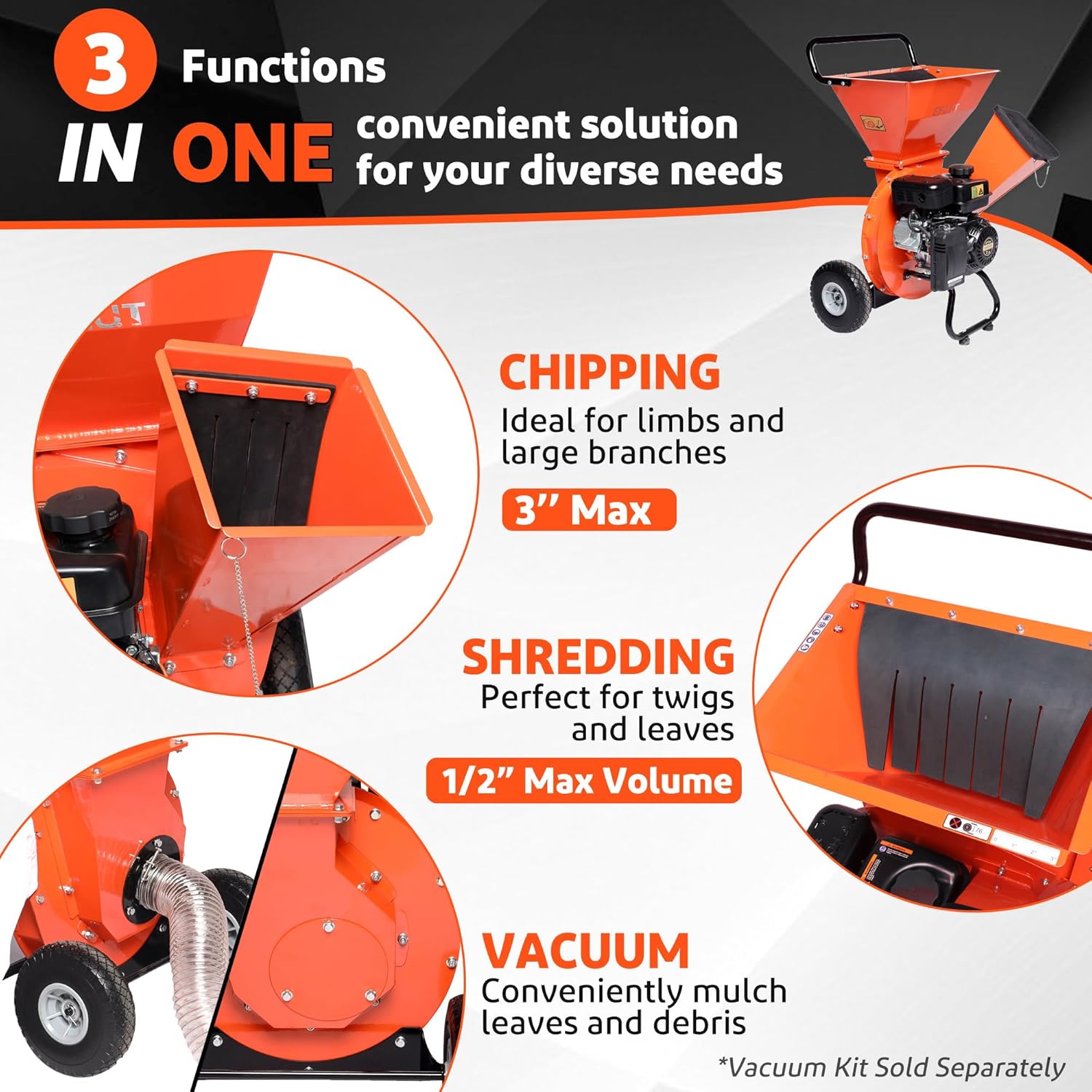 3-in-1 Wood Chipper Shredder Mulcher with Blade Replacements (2 Sets) N458