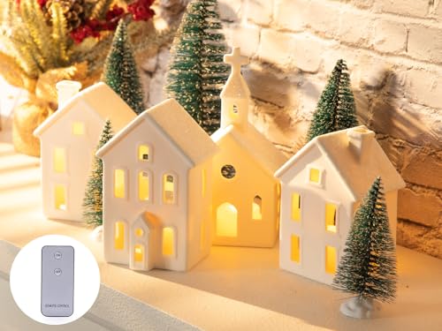 9 Pcs Christmas Village Figurines Sets - 4 Lighted Ceramic Houses with Remote Control & 5 Trees - White Christmas Decorations L2657