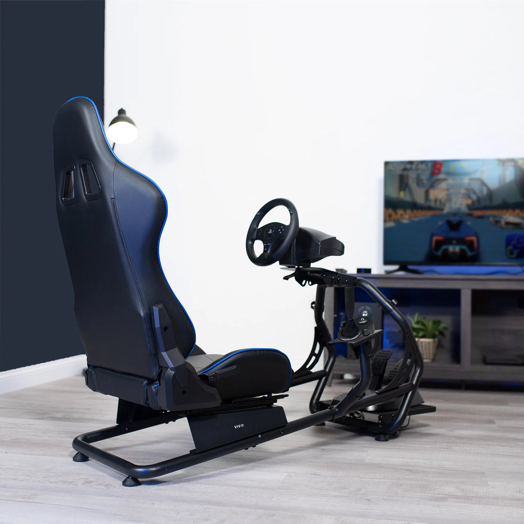 Black Blue Racing Simulator Cockpit with Wheel Stand and Reclining Seat Y392