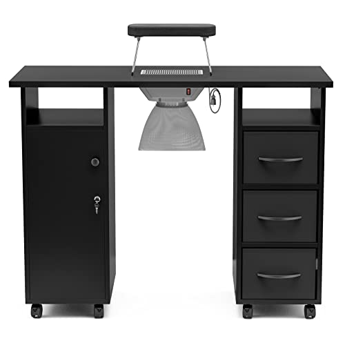 Black Manicure Table with Dust Collector, Wrist Cushion, Drawers, Lockable Wheels & Cabinet R23385