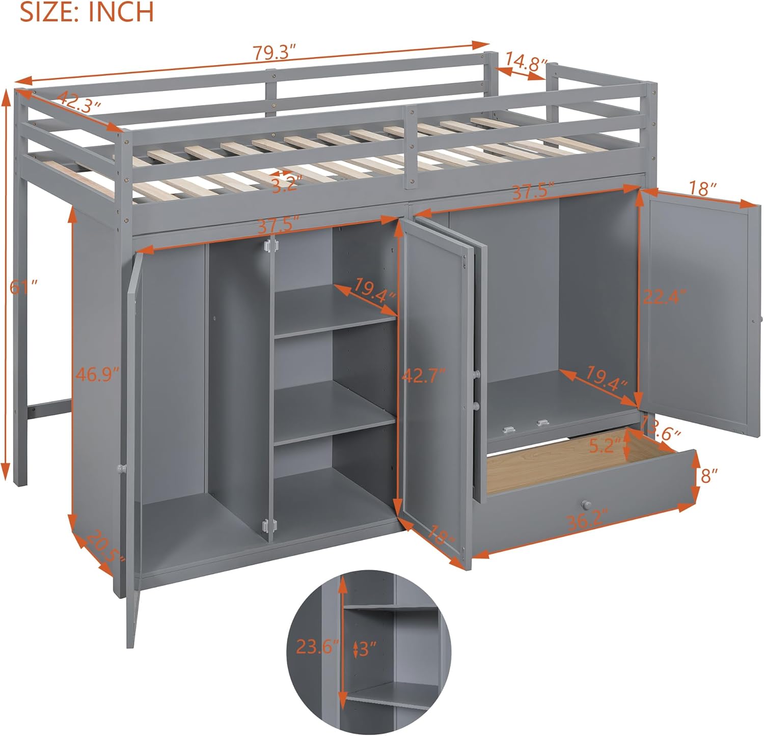 Gray Wood Twin Size Loft Bed with Storage Drawer and Two Wardrobes C96581