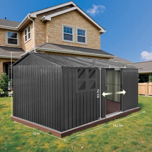Grey Metal Outdoor Storage Shed with Windows and Lockable Doors L12614