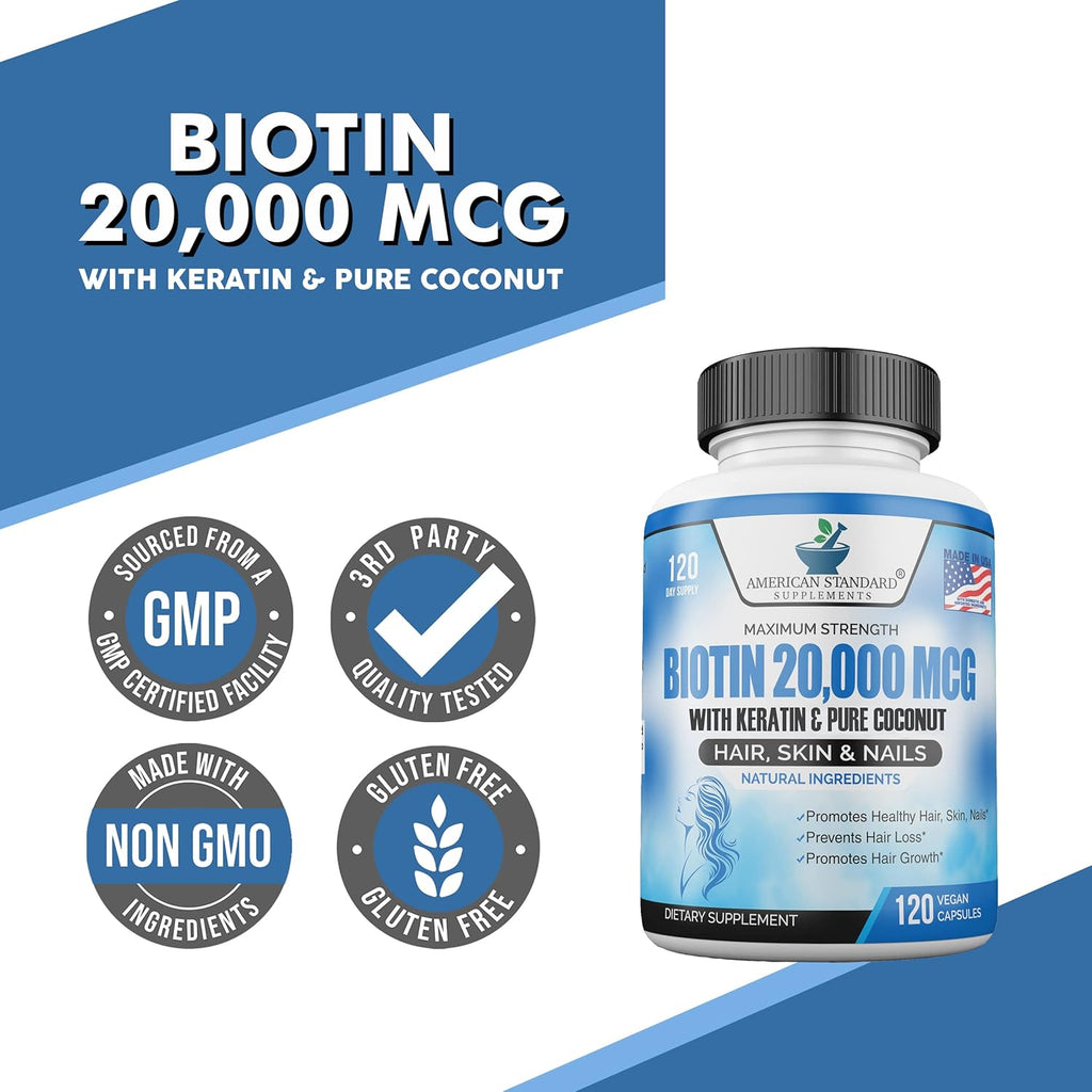 Biotin 20,000mcg with Keratin, Organic Coconut and Zinc, 120 Vegan Capsules M754334