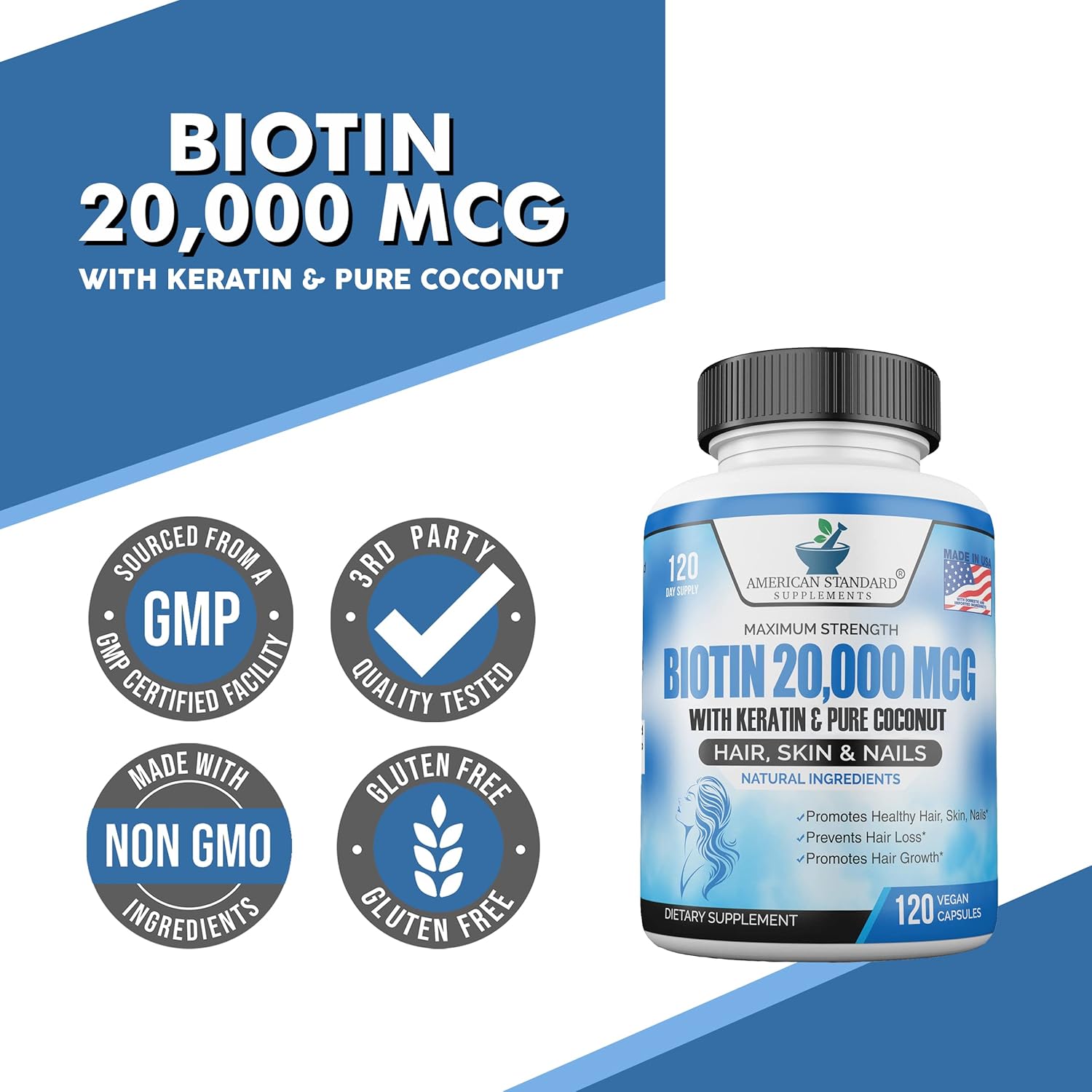 Biotin 20,000mcg with Keratin, Organic Coconut and Zinc, 120 Vegan Capsules M754334